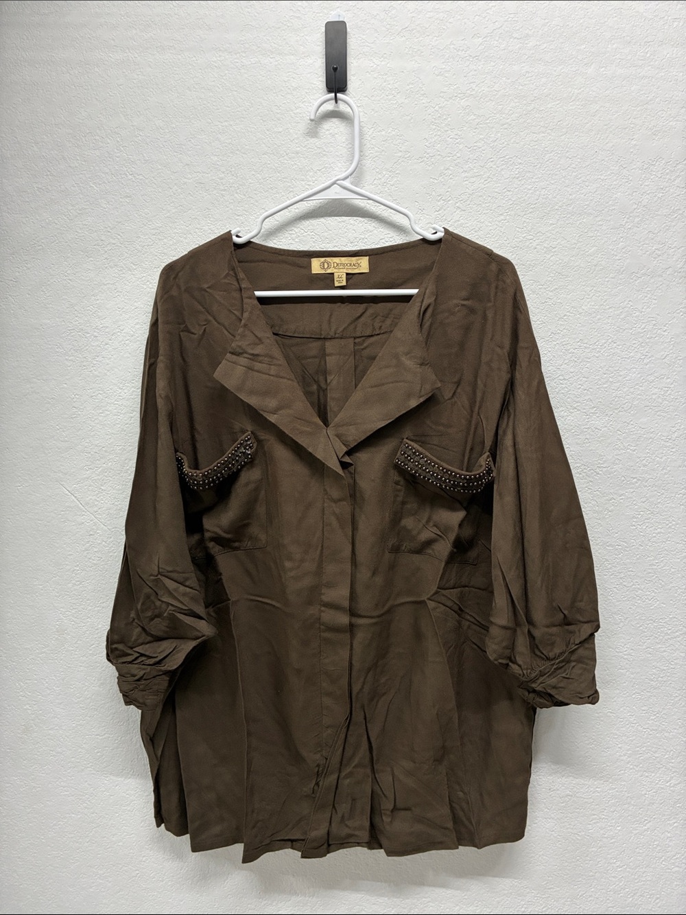 Democracy Brown Studded Pocket Blouse Shirt Top